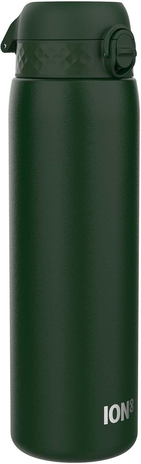 ION8 Lightweight 1 Litre Steel Water Bottle, Non-Insulated, Leak Proof, Easy to Open, Secure Lock, Dishwasher Safe, Flip Cover, Carry Handle, Ideal for Travel & Active Lifestyles, Dark Green