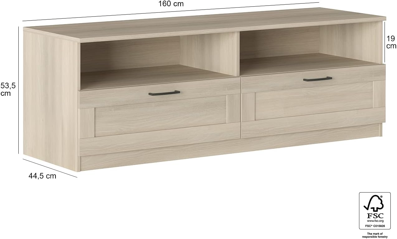 Iconico Home MIK Traditional TV Cabinet with 2 Drawers and Day Compartments, Living Room, Living Room, Bedroom, 160 x 44.5 x H 53.5 cm, Oak