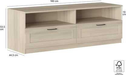 Iconico Home MIK Traditional TV Cabinet with 2 Drawers and Day Compartments, Living Room, Living Room, Bedroom, 160 x 44.5 x H 53.5 cm, Oak