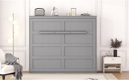 Murphy Wall Cabinet Bed with Foldable Design Space Saving with Slatted Base for Guest Room Home Office Small Apartment MDF Plywood Frame No Box Spring Needed (Gray,Full)