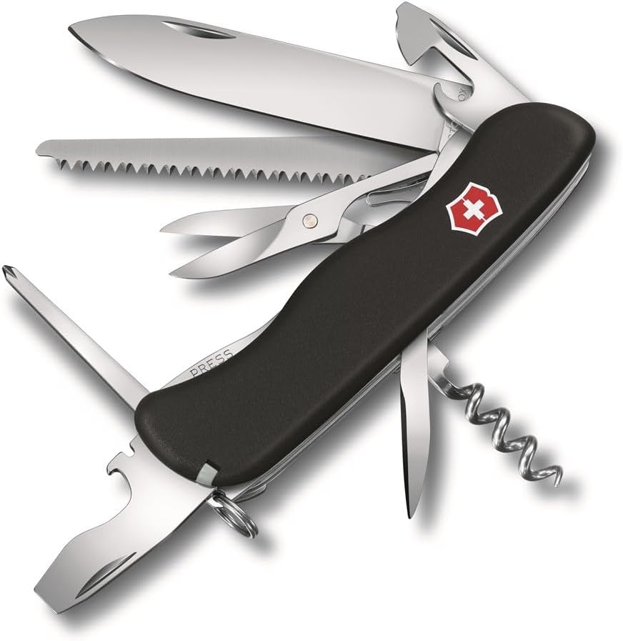 Victorinox Swiss Army Knife Outrider 14 Functions Multitool with Locking Blade, Can Opener, Screwdriver 3 mm, Corkscrew, Black