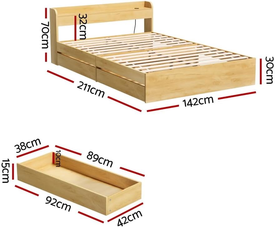 Artiss Double Bed Frame with 2 Storage Drawers, Platform Bed with Headboard, Bed Base with USB Ports, Sturdy Wooden Slat Support, 300KG Capacity Guest Bed for Bedroom Furniture, Easy Assembly