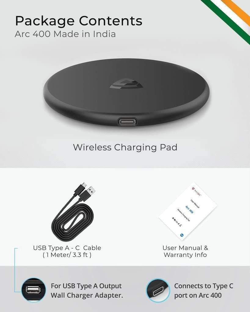 RAEGR Arc 400 Pro 15W Type-C PD | Made in India | Qi-Certified Wireless Charger with Fireproof ABS Compatible with iPhone 16/15/14/13 Series, Galaxy S25/S24/S23 Series, OnePlus 9/9 Pro -Matte Black