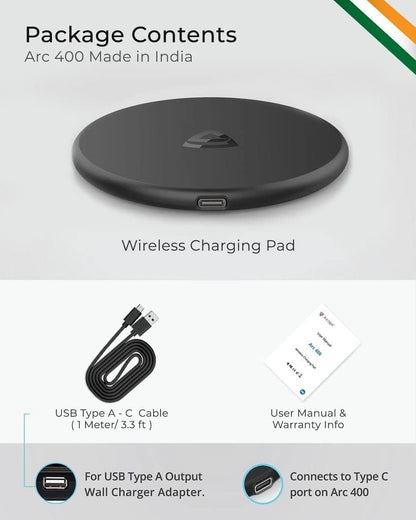 RAEGR Arc 400 Pro 15W Type-C PD | Made in India | Qi-Certified Wireless Charger with Fireproof ABS Compatible with iPhone 16/15/14/13 Series, Galaxy S25/S24/S23 Series, OnePlus 9/9 Pro -Matte Black