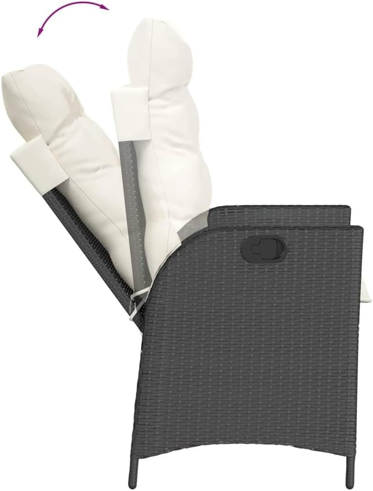 vidaxl 7 pc Garden Dining Set - Black Poly Rattan - Adjustable recliners & Cushions - Tempered Glass Table for Patio/Deck