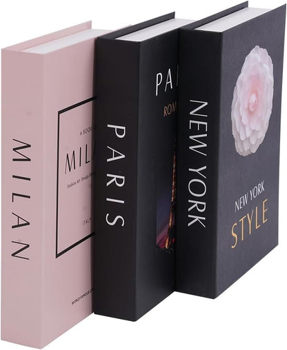 3 pcs City Decorative Books Set for Home Decor,Modern Black and Pink Faux Books,Hardcover Book,Stackfor Coffee Table and Shelf Accessories (Paris/Milan/Newyork)