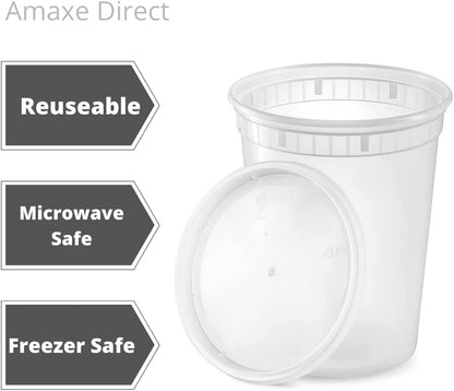 Amaxe Direct [32 oz - 24 Sets] 950ML Plastic Deli Food Storage Containers with Airtight Lids - Microwavable,Freezer & Dishwasher Safe