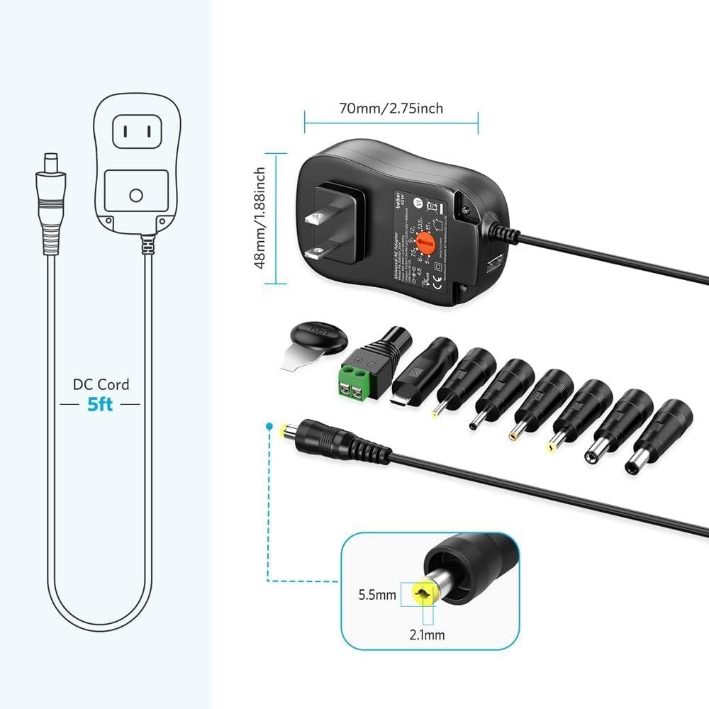 Belker 45W 5V 6V 7.5V 9V 12V 13.5V 15V Universal AC DC Power Supply Adapter for Household Electronics LED Light Strip - 1A 2A 3A 3000mA Amp - Fast USB Port 5V 2A Max. A