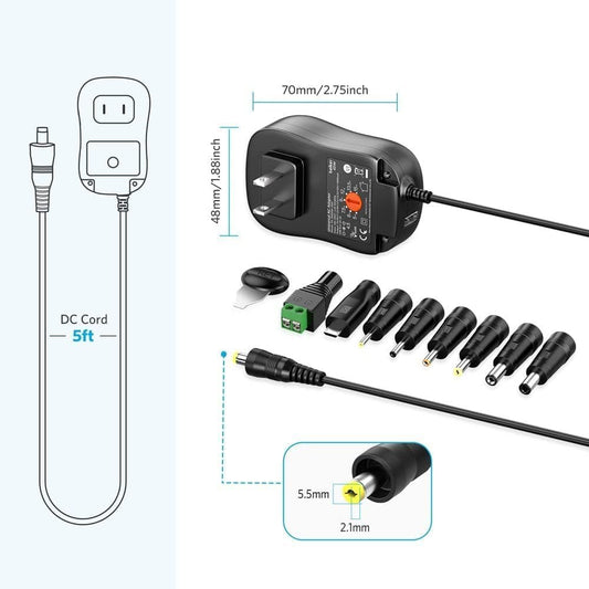 Belker 45W 5V 6V 7.5V 9V 12V 13.5V 15V Universal AC DC Power Supply Adapter for Household Electronics LED Light Strip - 1A 2A 3A 3000mA Amp - Fast USB Port 5V 2A Max. A