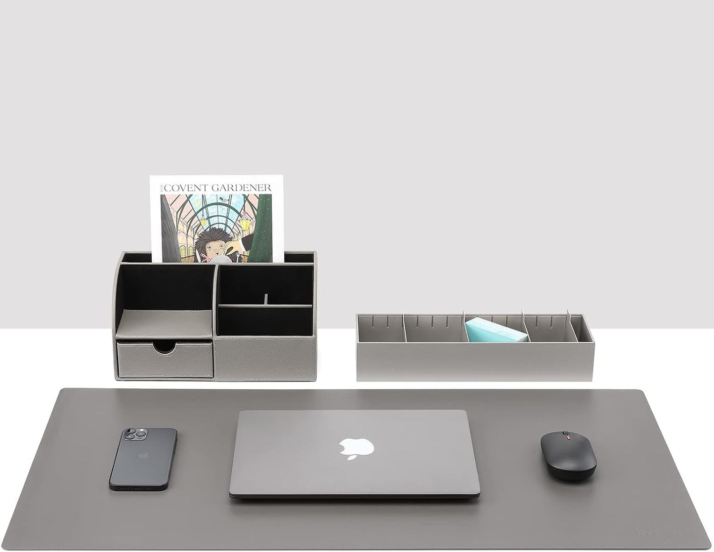 Vlando Professional Desk Organizer with Drawer, Office Supplies, 5 Compartment Desktop Storage Holder, Gray