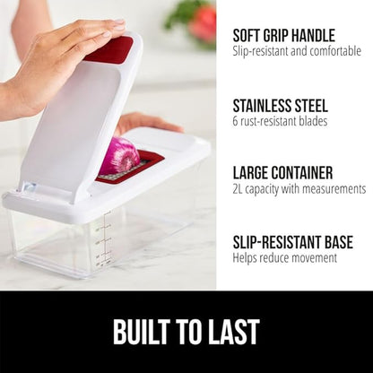 GORILLA GRIP Heavy Duty 12-in-1 Vegetable Chopper, 6 Blades, Food Choppers with Container, Cucumber Mandoline Slicer, Dice Onions, Slice Veggies, Chop Salad, Home Essential Kitchen Gadgets Tool, Red