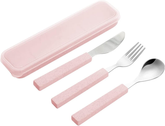 VANRA 3-Piece Children Utensils Set 18/10 Stainless Steel Child Flatware Set Silverware Knife Spoon Fork Set with Travel Case for Kids Lunch Box (Pink)