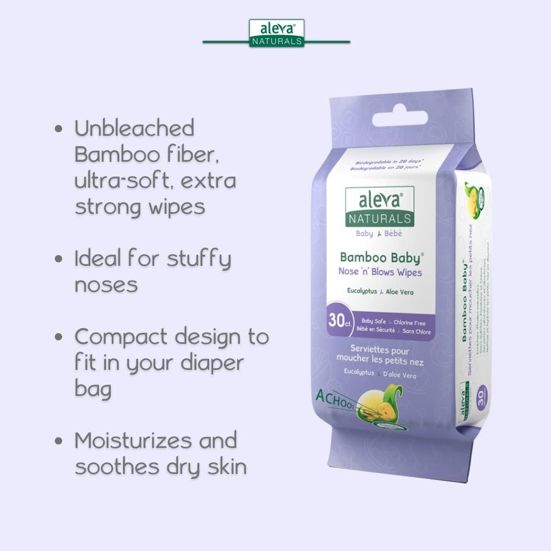 Aleva Naturals Bamboo Baby Nose 'n' Blows Wipes for Cleaning Stuffy Noses with Saline, Organic Formula, Extra Strong and Ultra-Soft, Biodegradable - Mega Pack- 12 X 30 Count= 360 Wipes Total, Unbleached