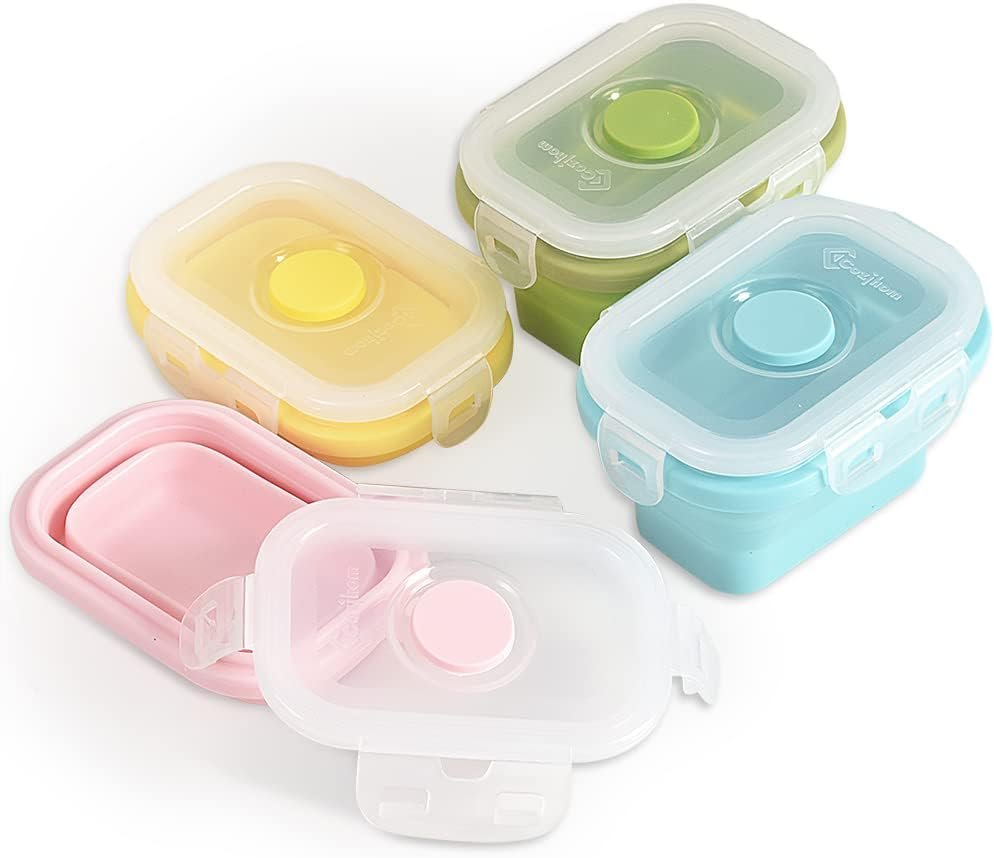 Cozihom Pack of 4, Collapsible Food Supplement Box, Collapsible Silicone Food Storage Container with Clip-on Lid, Portion Control Containers, Stackable, Space Saving, Microwave/ Fridge/ Freezer/Dishwasher Safe, BPA Free, 5 Oz
