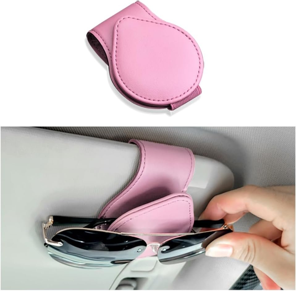 Sunglasses Holder for Car Visor,Magnetic Leather Car Sunglasses Holder Clip Organizes Glasses Tickets Cards & Keeps Car Tidy,Universal Car Accessories Interior Fits All Vehicle Model (Pink)