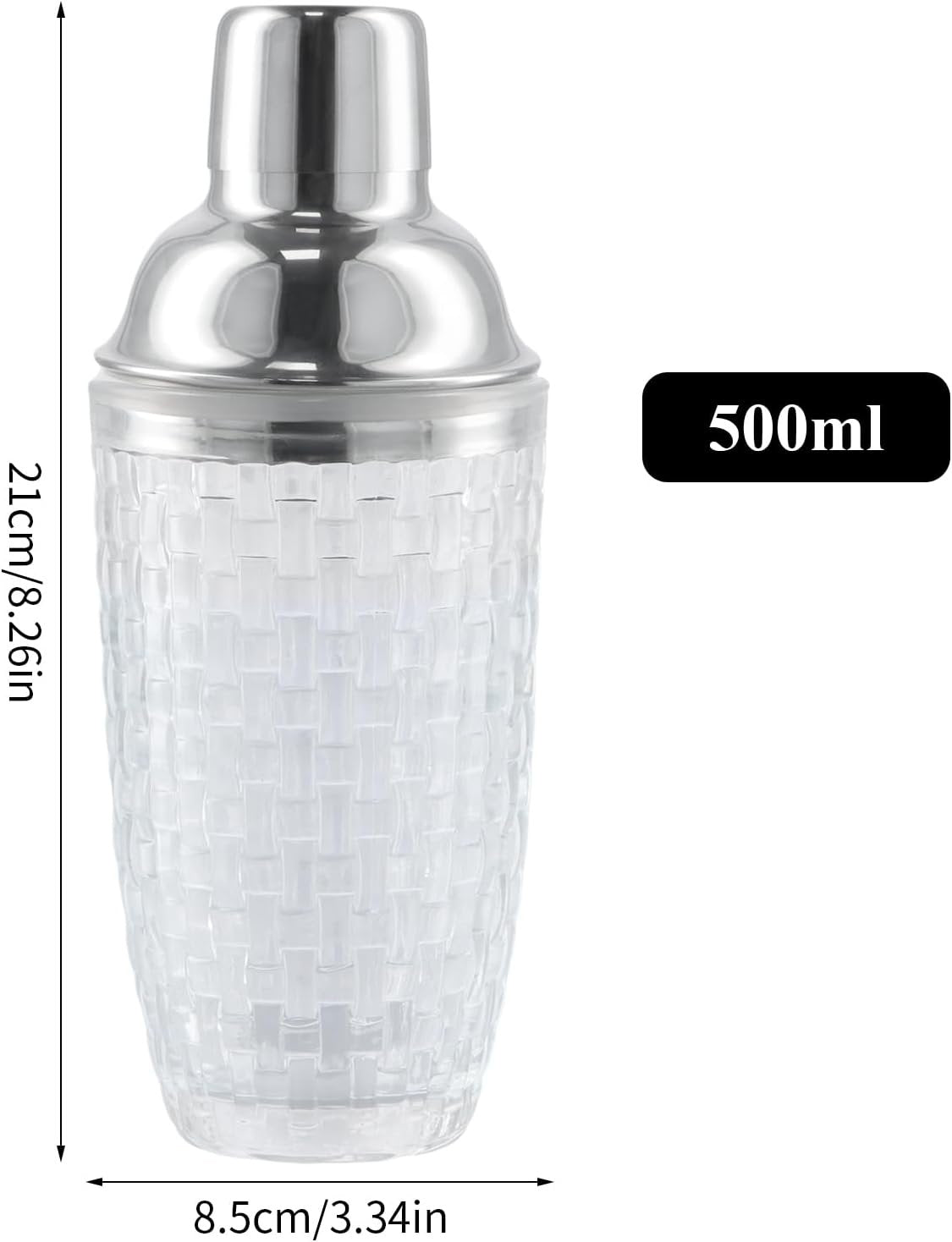 YILANJIN Glass Cocktail Shaker Set, 500 ml Professional Drinking Shaker with Strainer, Clear Stainless Steel Bar Shakers for Whiskey, Reusable Martini Glasses for Wedding, Dining, Home (Silver)