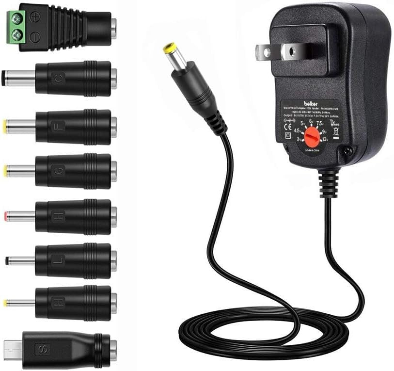 Belker 12W 3V 4.5V 5V 6V 7.5V 9V 12V Adjustable Voltage Universal AC/DC Adapter Power Supply for Household Electronics - 1A 1000mA Max.