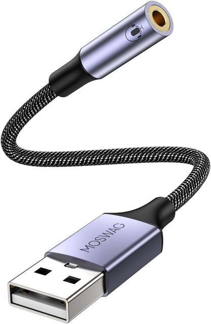 MOSWAG USB to Audio Jack Adapter 0.65Feet/20cm,External Sound Card Jack Audio Adapter with 3.5mm Aux Stereo Converter Compatible with Headset,PC,Laptop,Linux,Desktops,PS4 and More Device