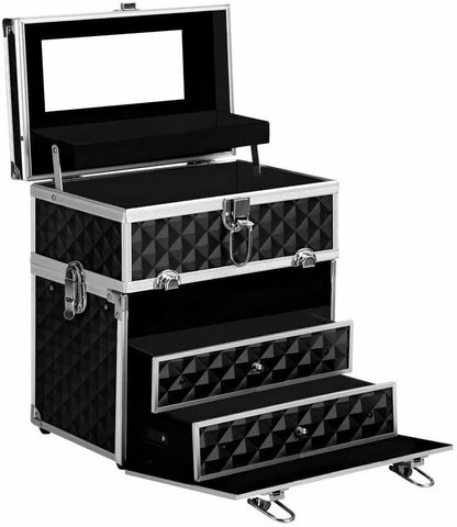 Costcom Portable Beauty Cosmetic Carry Case Makeup Diamond Organisation Box w/Mirror 2-Tier Detachable Beauty Case for Makeup Artists, Travel, Jewelry Storage (Black)