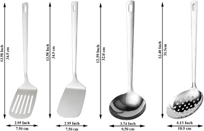 ReaNea Stainless Steel Kitchen Utensils Set 4 Pieces Includes Metal Spatula Set, Kitchen Skimmer, Soup Ladle, Kitchen Gadgets Essentials