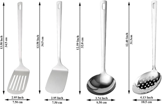ReaNea Stainless Steel Kitchen Utensils Set 4 Pieces Includes Metal Spatula Set, Kitchen Skimmer, Soup Ladle, Kitchen Gadgets Essentials