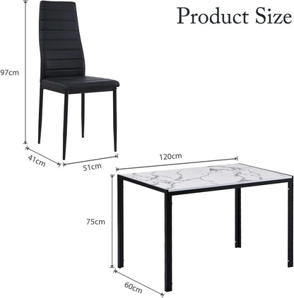 Luxsuite Dining Table Set Marble Tabletop Rectangular 120cm Modern Sintered Stone Glossy Marble Effect Top Dinner Tables 4 Seater with Tapered Metal Legs Dining Room Home Lounge Kitchen White