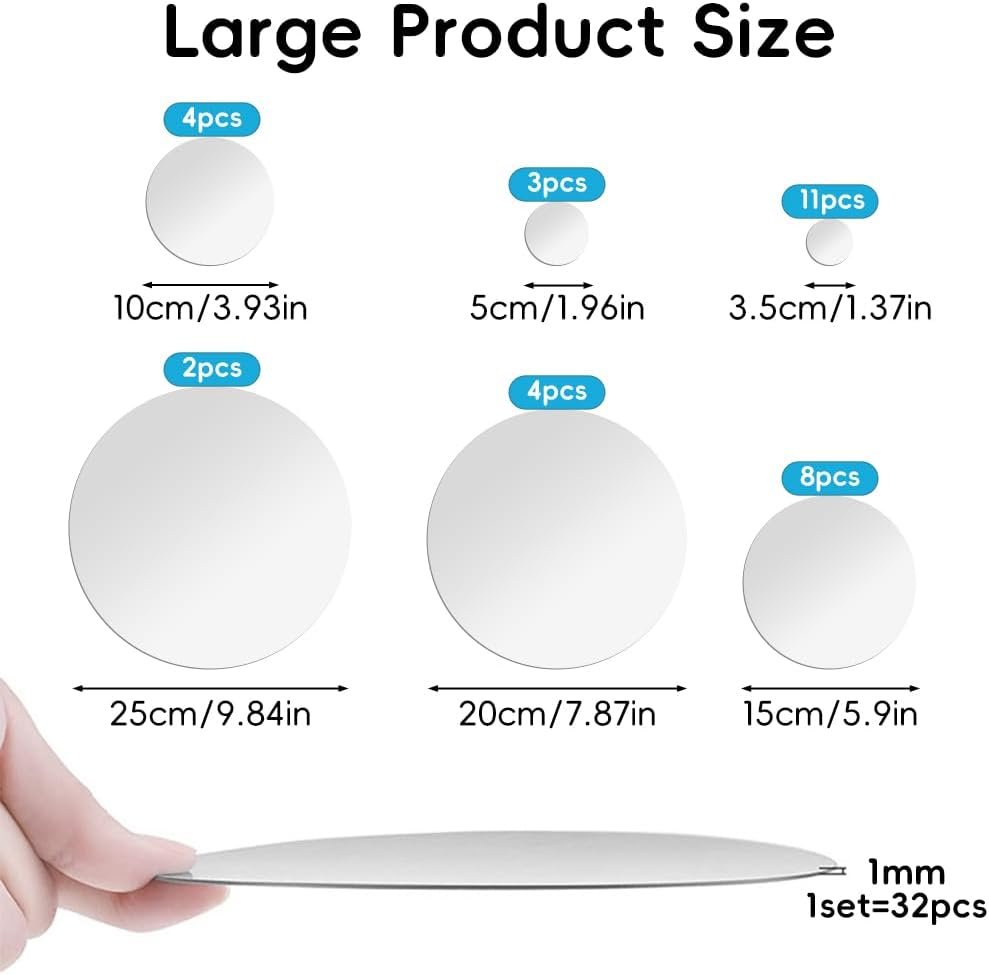 32 Pcs Acrylic Mirror Round Wall Stickers, Removable Wall Decal Mirror Set, Bathroom Wall Sticker Art, Circle Ceiling Mirrors for Bedroom, Home, Living Room, Sofa TV Background Decor (Large)