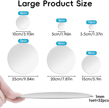 32 Pcs Acrylic Mirror Round Wall Stickers, Removable Wall Decal Mirror Set, Bathroom Wall Sticker Art, Circle Ceiling Mirrors for Bedroom, Home, Living Room, Sofa TV Background Decor (Large)