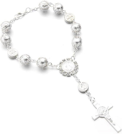 Ohleats Car Rosary for Rearview Mirror, Personalized Rear View Cross Blessing Beads Decor, Auto Rearview Catholic Rosary Hanging Pendant, Interior Men Women Car Accessories (Silver)