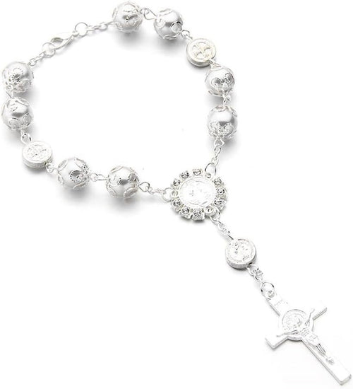 Ohleats Car Rosary for Rearview Mirror, Personalized Rear View Cross Blessing Beads Decor, Auto Rearview Catholic Rosary Hanging Pendant, Interior Men Women Car Accessories (Silver)