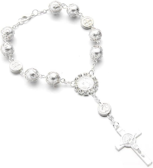 Ohleats Car Rosary for Rearview Mirror, Personalized Rear View Cross Blessing Beads Decor, Auto Rearview Catholic Rosary Hanging Pendant, Interior Men Women Car Accessories (Silver)