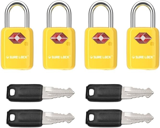 SURE LOCK TSA Approved Luggage Locks - One Key Opens All, Compact & Durable Zinc Alloy Travel Lock with Steel Shackle, Keyed Alike (Yellow 4 Locks, Mini Size for Suitcase/Backpack/Gym Locker)