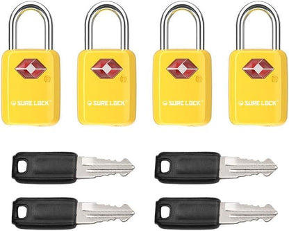 SURE LOCK TSA Approved Luggage Locks - One Key Opens All, Compact & Durable Zinc Alloy Travel Lock with Steel Shackle, Keyed Alike (Yellow 4 Locks, Mini Size for Suitcase/Backpack/Gym Locker)