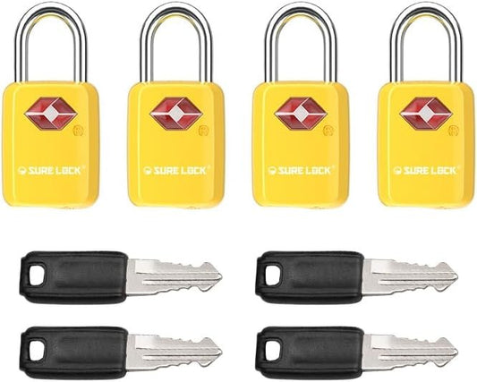 SURE LOCK TSA Approved Luggage Locks - One Key Opens All, Compact & Durable Zinc Alloy Travel Lock with Steel Shackle, Keyed Alike (Yellow 4 Locks, Mini Size for Suitcase/Backpack/Gym Locker)