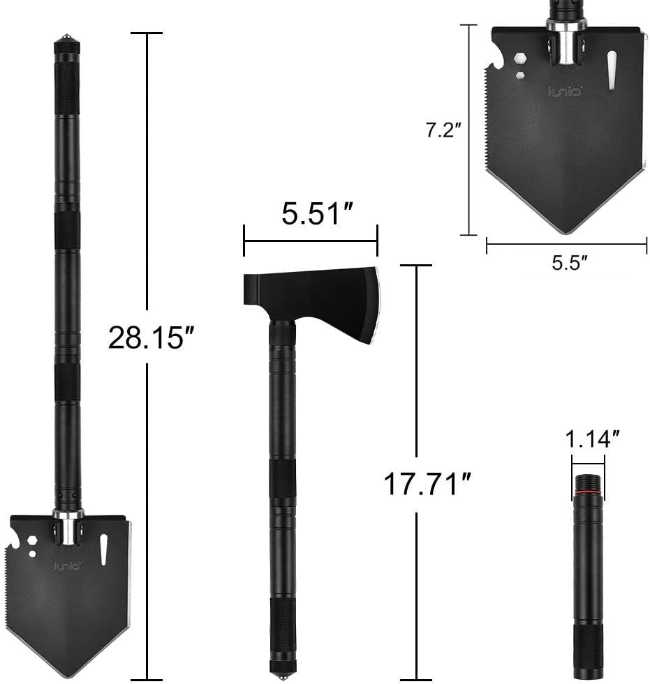 iunio Survival Shovel Multitool with Axe, Camping Shovel Hatchet, Tactical Shovel, Folding with Carrying Bag for Camping, Hiking, Backpacking, Entrenching, Car Emergency