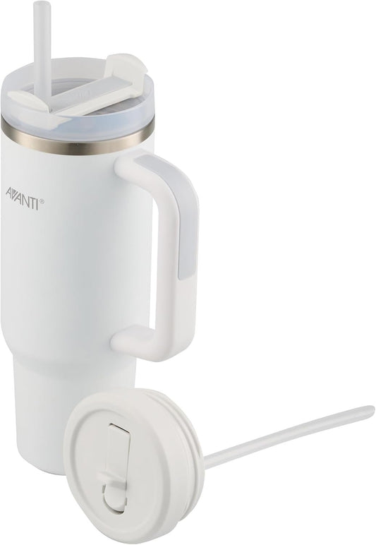 Avanti HYDROquench Stainless Steel Insulated Water Quencher, Tumbler 1 Litre with Handle & Straw - Leak Proof(Sipper lid only), BPA Free, Dual Lid, 24hr Cold Retention, Artic White