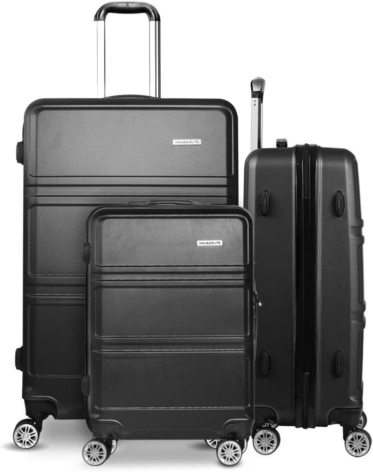 Wanderlite Luggage Set 3pcs Black Suitcase Storage Organizer Hand Luggages Travel Hard Case Hardside, Lightweight Trolley Carry on Bag, TSA Lock 4 Universal Wheels