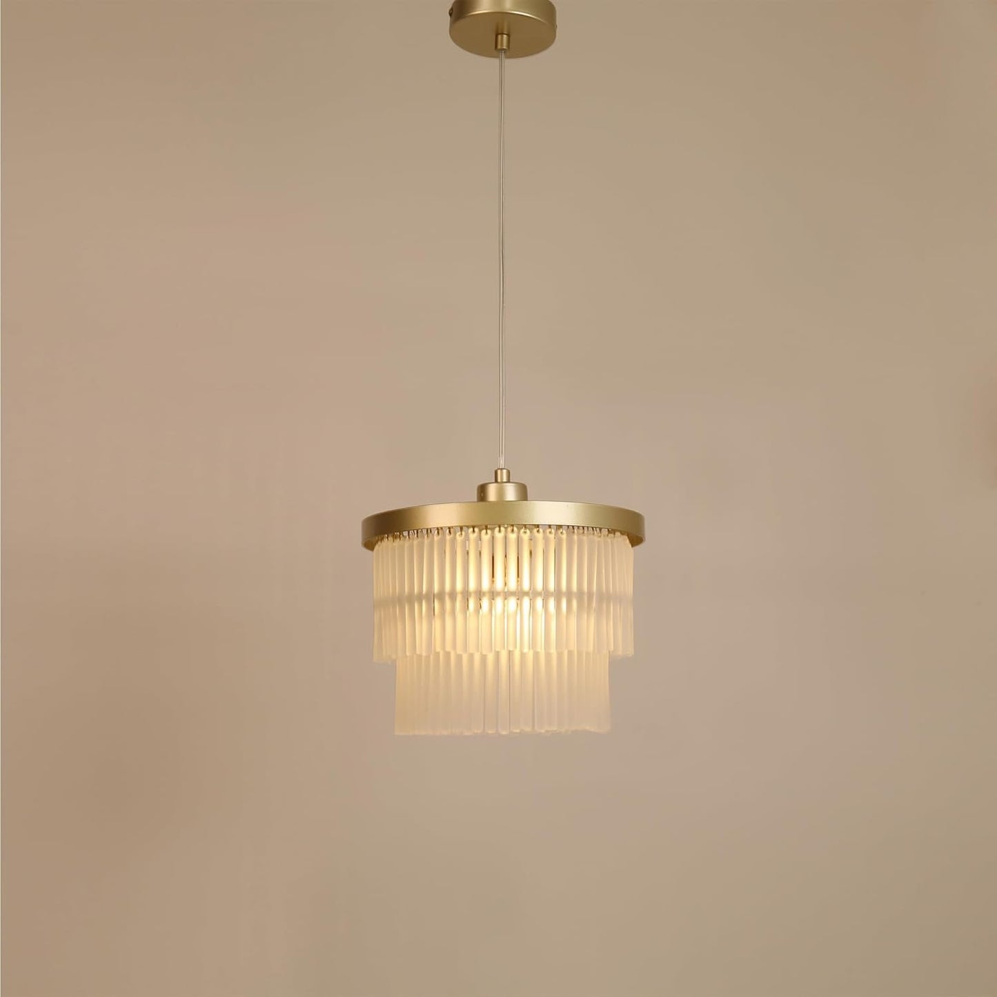 Lexi Lighting Greer Chandelier Light, Dia 25cm, 1 Light Stylish Gold Metal Tiered Frosted Rods Glass Easy-fit Shade Pendant Ceiling Light for Any Living Room, Dining Area, or Bedroom