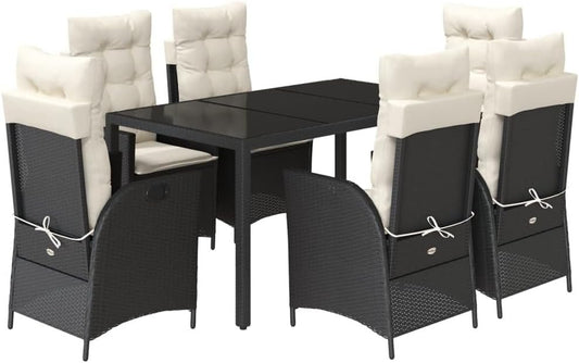 vidaxl 7 pc Garden Dining Set - Black Poly Rattan - Adjustable recliners & Cushions - Tempered Glass Table for Patio/Deck