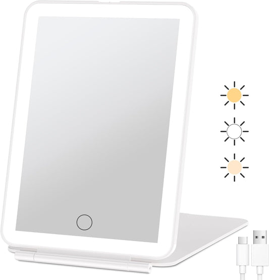 CTAOOL Rechargeable Travel Makeup Vanity Mirror with 72 Led Lights, Portable Lighted Makeup Beauty Mirror, 3 Color Lighting, Dimmable Touch Screen, Tabletop LED Folding Cosmetic Mirror with Lights
