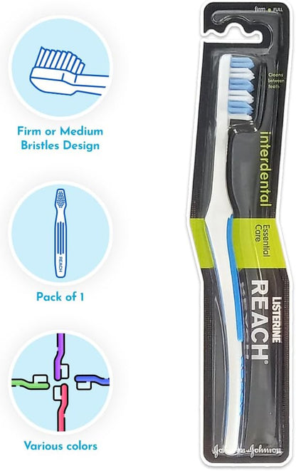 REACH Essential Care Interdental Medium Toothbrush, Single Pack x 8, Full Head Hard Bristles Manual Toothbrushes, Variety of Colours Multipack, Daily Oral Enamel Dental Care