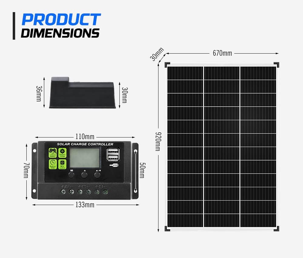 ATEM POWER 130W Monocrystalline Solar Panel with Charge Controller, Heavy Duty Aluminium Frame, Compatible with AGM Lead Acid Gel Calcium Batteries, for 12V/24V RV Camping All Weather Use