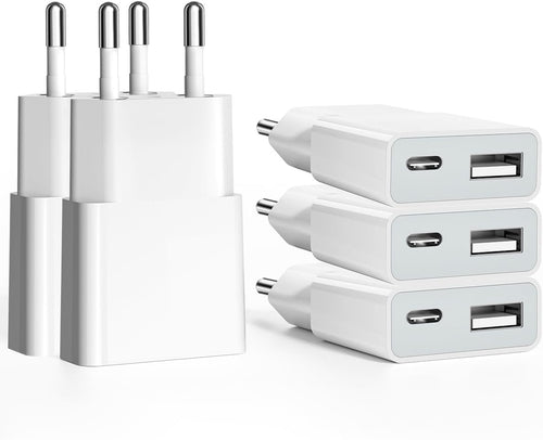 USB Charger 5 V 1 A 2 Ports USB C + A Power Plug Charging Socket Charger for iPhone, Samsung Mobile Phone, MP3, eBook Reader (Thickness 1.5 cm/5packs)