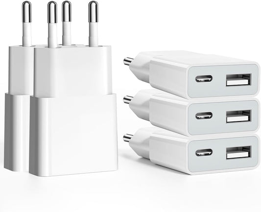 USB Charger 5 V 1 A 2 Ports USB C + A Power Plug Charging Socket Charger for iPhone, Samsung Mobile Phone, MP3, eBook Reader (Thickness 1.5 cm/5packs)