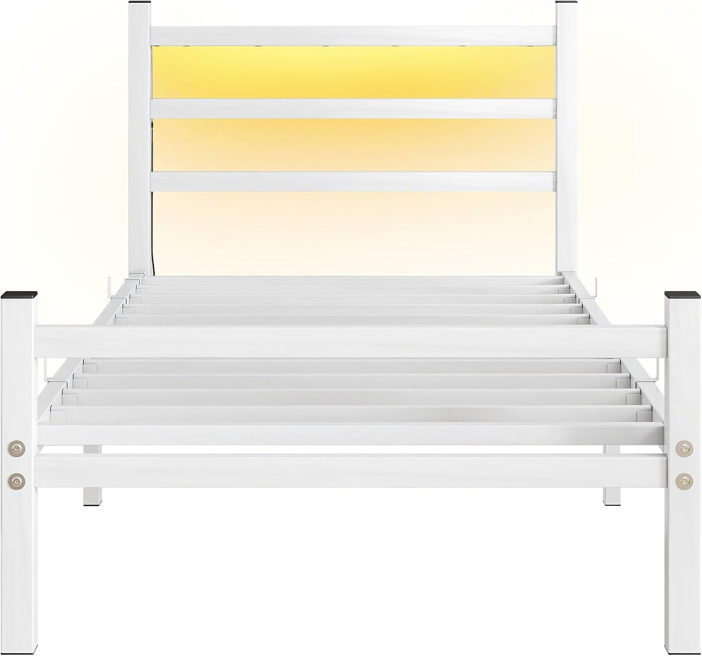Maliacife Twin Bed Frame with Charging Station,Metal Bed with LED Lights Headboard,Heavy Duty Steel Slats Support Single Bed Frame,No Box Spring Needed,Noise Free, White