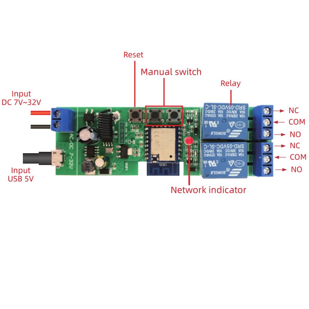 MHCOZY 2 Channel 5V 12V 32V WiFi Relay Switch,Tuya app Remote Dry Contact,Works with Alexa Google Home