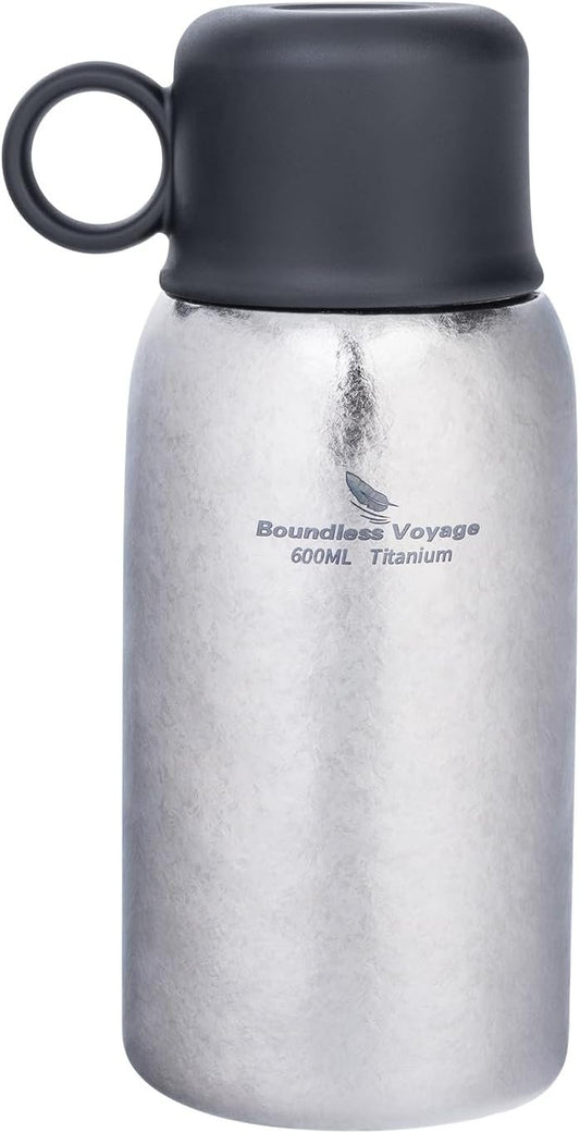 iBasingo 600ml Titanium Vacuum Water Bottle Leak-Proof Double-Walled Coffee Tea Bottle with Mug & Straw Lightweight Keeping Hot & Cold Drinking Cup for Outdoor Travel Office