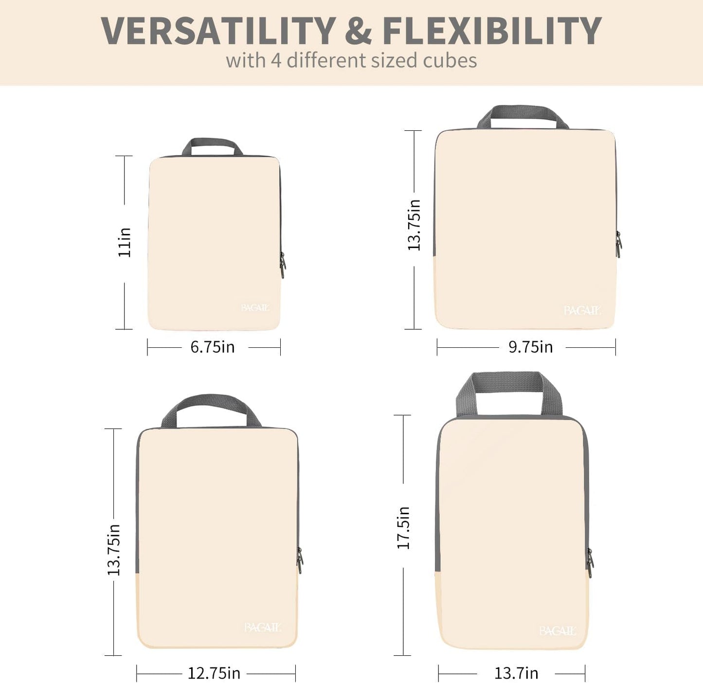 Bagail 4 Set Compression Packing Cubes Travel Expandable Packing Organizers(Beige)