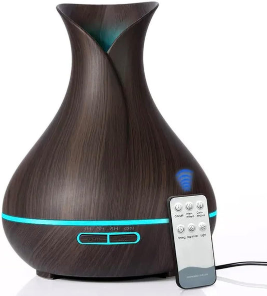 Large Vase 500mL Ultrasonic Aromatherapy Essential Oil Diffuser by BELLADDY INC – Remote Control, Auto Shutoff, Wood Grain, Cool Mist Air, Home Office Spa, Quiet (Dark Wood)