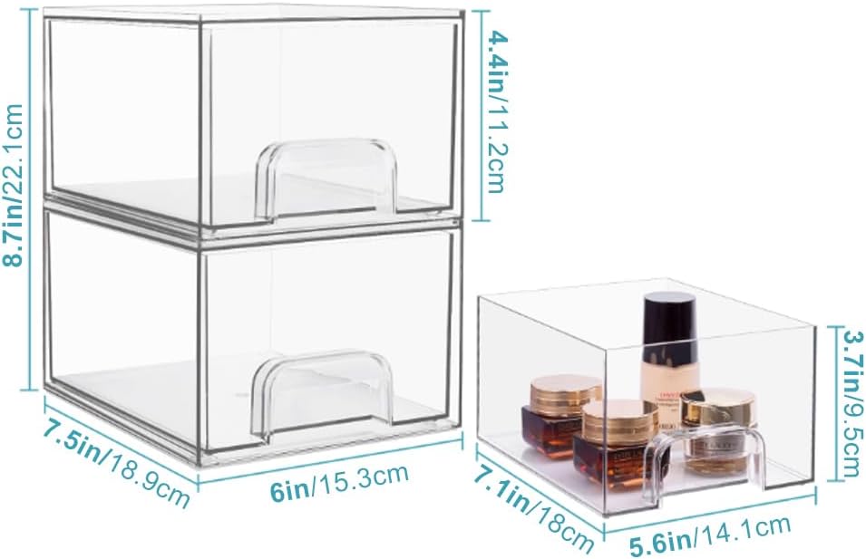 2 Pack Clear Stackable Storage Drawers,Makeup Organizer,4.4'' Tall Acrylic Bathroom Organizers,For Vanity, Undersink, Kitchen Cabinets, Pantry, Home Organization